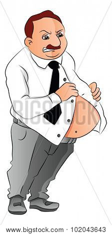 Vector illustration of sad man unable to button his shirt on his fat belly.