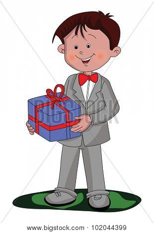 Vector illustration of happy and well dressed boy holding a gift box.