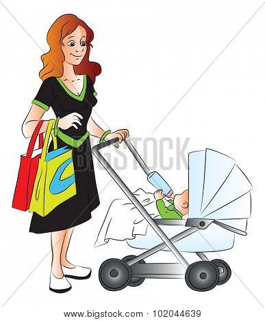 Vector illustration of mother holding shopping bags and pushing baby in pram who is drinkig milk.