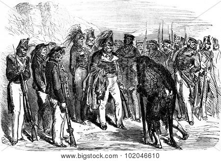 Emotions of Polydore maraschino. Who are you? asked the Admiral, vintage engraved illustration. Journal des Voyages, Travel Journal, (1880-81).