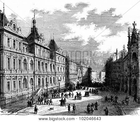 The picturesque France. The Palais de la Bourse, Lyon, vintage engraved illustration. Journal des Voyage, Travel Journal, (1880-81).