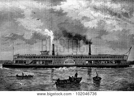 Floating houses. The Steamship Russian MNCCYPN, vintage engraved illustration. Journal des Voyages, Travel Journal, (1880-81).