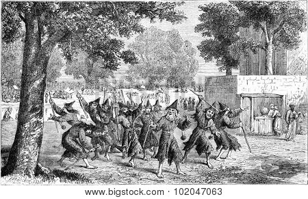 The dervishes Naksibendi in Bokhara, vintage engraved illustration. Le Tour du Monde, Travel Journal, (1865).