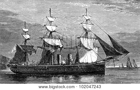 Life on board. A warship, vintage engraved illustration. Journal des Voyages, Travel Journal, (1879-80).