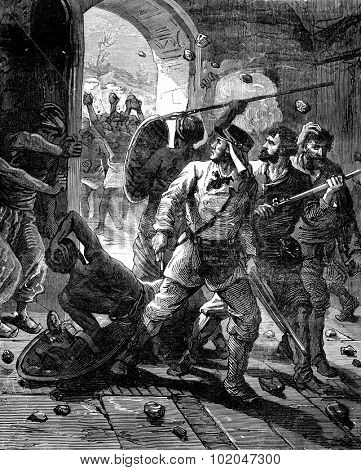 Mr. Achille Raffray Abyssinia. Stones fall tighter than ever, vintage engraved illustration. Journal des Voyages, Travel Journal, (1879-80).