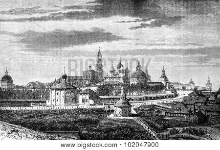View of the convent of Troitsa, vintage engraved illustration. Le Tour du Monde, Travel Journal, (1872).