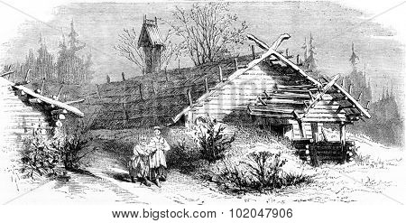 House (hut) in the north of Russia, vintage engraved illustration. Le Tour du Monde, Travel Journal, (1872).