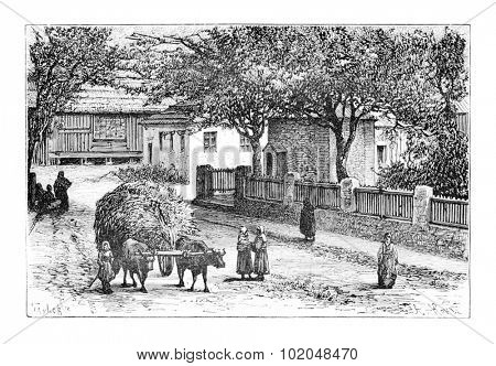 A Street in Zugdidi, Georgia, drawing by Taylor based on a photograph by Ermakoft, vintage illustration. Le Tour du Monde, Travel Journal, 1881