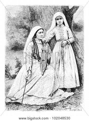 My Hostess and Her Daughter in Zugdidi, Georgia, drawing by Sirouy based on a photograph, vintage illustration. Le Tour du Monde, Travel Journal, 1881