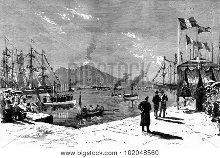 Arrival of the Swedish ship Vega in the Bay of Naples. Landing Professor Nordenskiold, back in Europe after my polar exploration. Journal des Voyages, Travel Journal, (1879-80).