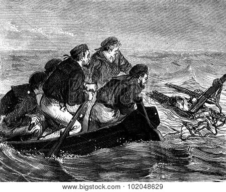 A shipwreck. The sailors swim with all their might, vintage engraved illustration. Journal des Voyages, Travel Journal, (1879-80).