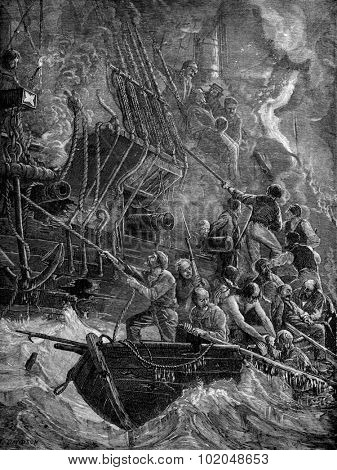 Loss of Acteon. They set fire to the ship, vintage engraved illustration. Journal des Voyages, Travel Journal, (1879-80).