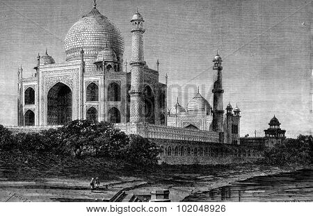 General saw the Taj Mahal, Agra, vintage engraved illustration. Le Tour du Monde, Travel Journal, (1872). 