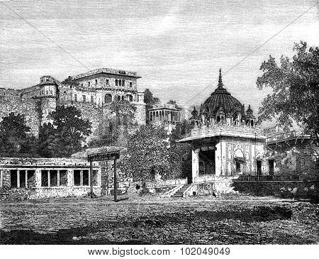 The suburb of Catti Ghati, vintage engraved illustration. Le Tour du Monde, Travel Journal, (1872).