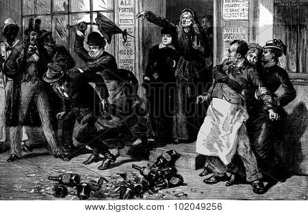 Crusade against the intemperance of women in the United States. They seized the man by the collar and rushed into the street, vintage engraved illustration. Journal des Voyage, Travel Journal, 1879-80