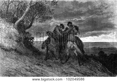 A Duel to the navaja, after the popular romance, vintage engraved illustration. Le Tour du Monde, Travel Journal, (1872). 