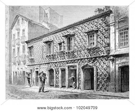 House of the Spikes or Casa dos Bicos in Lisbon, Portugal, drawing by Barclay based on a photograph, vintage engraved illustration. Le Tour du Monde, Travel Journal, 1881