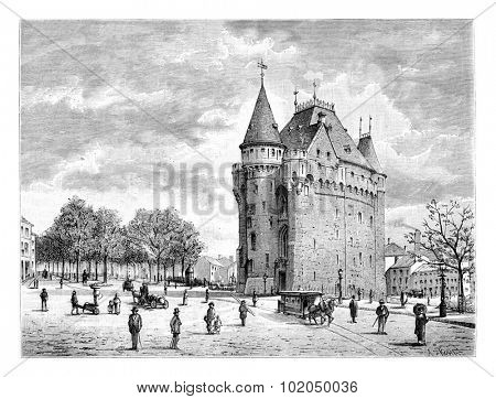 Porte de Hal in Brussels, Belgium, drawing by Taelemans, vintage illustration. Le Tour du Monde, Travel Journal, 1881