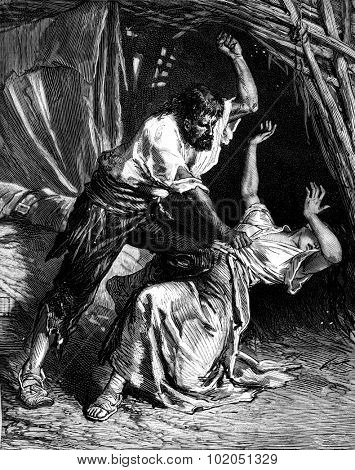 Dona agustina libarona. he struck, he wanted to kill her, vintage engraved illustration. Journal des Voyages, Travel Journal, (1880-81).