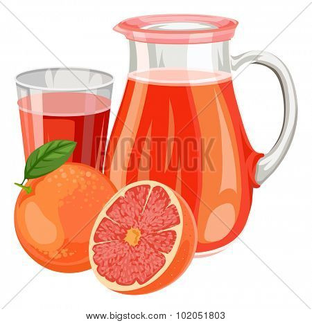 Vector illustration of fresh grapefruit juice in glass and jar.