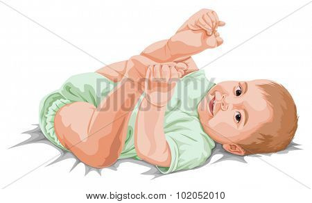 Vector illustration cute little baby boy playing with his feet.