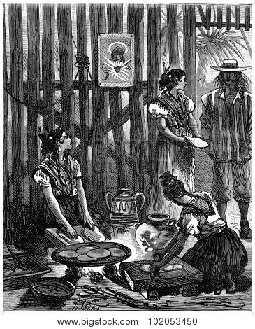 Adventures of an heir worldwide, The brown beauties of Sonora crushed corn boiled, vintage engraved illustration. Journal des Voyage, Travel Journal, (1880-81).