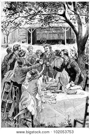 They came to see them every year, vintage engraved illustration. Jules Verne Cesar Cascabel, 1890.
