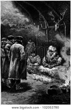 We take them to the head, vintage engraved illustration. Jules Verne Cesar Cascabel, 1890.