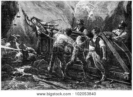 The new achievements of science, Suicide at tunnel of Mont-Cenis, vintage engraved illustration. Journal des Voyage, Travel Journal, (1880-81).