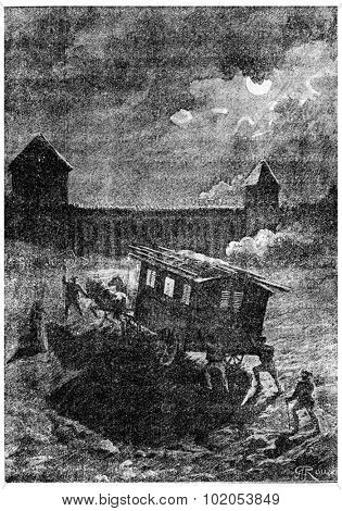Arrival at Fort Noulato, vintage engraved illustration. Jules Verne Cesar Cascabel, 1890.
