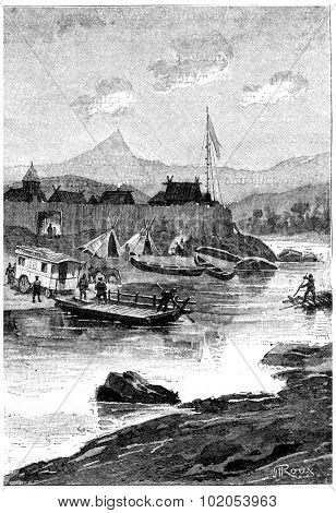 A ferry transported the Belle Caravan on the right bank, vintage engraved illustration. Jules Verne Cesar Cascabel, 1890.