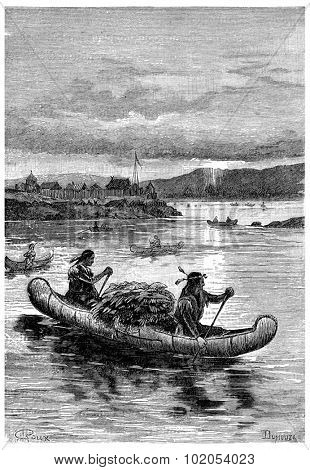 Aboard these fragile vessels that Indians are venturing., vintage engraved illustration. Jules Verne Cesar Cascabel, 1890.