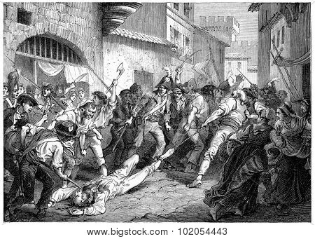The corpse of Marshal Brune troll Rhone, vintage engraved illustration. History of France  1885.