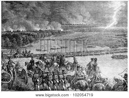 The French army arising out of the island of Lobau, vintage engraved illustration. History of France 1885.