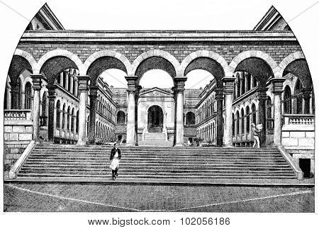Main courtyard of the Hotel-Dieu, in front on the Plaza, vintage engraved illustration. Paris - August 1890.