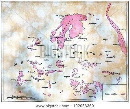 Map of land emerged in Europe at the time of the Silurian sea, vintage engraved illustration. Earth before man  1886.