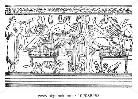 Lunch, after an Etruscan painting, vintage engraved illustration. 