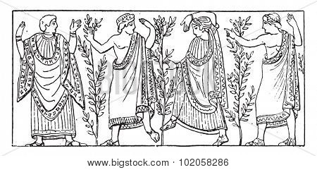 Etruscan dance, vintage engraved illustration. 