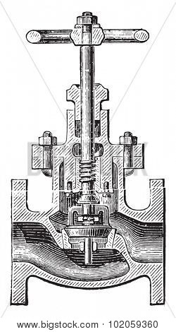 Globe valve; sectional view, vintage engraved illustration. Industrial encyclopedia E.-O. Lami - 1875. 