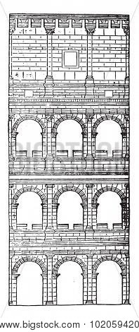 Section and elevation of the Colosseum, completed under Titus, vintage engraved illustration. Industrial encyclopedia E.-O. Lami - 1875. 