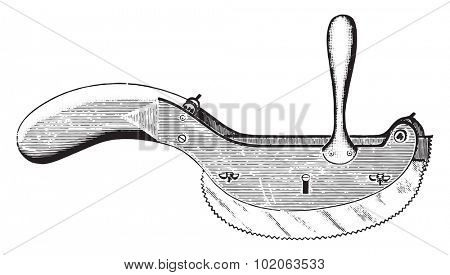 Double saw for sawing through the lamine of both sides at once, vintage engraved illustration. 