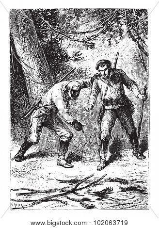 There was, on the ground, severed hands, vintage engraved illustration. 