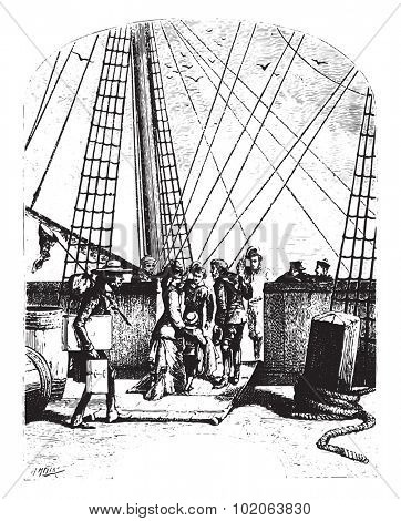 The schooner, Pilgrim, vintage engraved illustration.  Jules Verne, a 15 year old captain. 