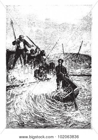 The whale nearly capsized, vintage engraved illustration.  Jules Verne, a 15 year old captain. 