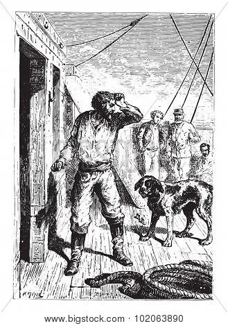 Not without a menacing gesture at the dog had escaped him, vintage engraved illustration.  Jules Verne, a 15 year old captain.
