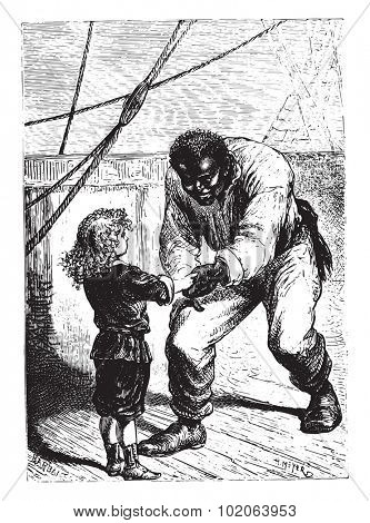 The little Jack, very proud of him, vintage engraved illustration.  Jules Verne, a 15 year old captain.  