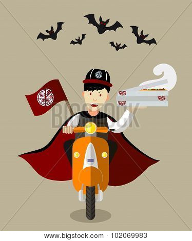 Halloween Vampire Food delivery boy On Scooter With Boxes Of Pizza