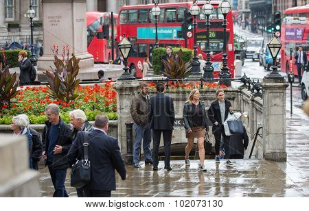 LONDON, UK - SEPTEMBER 17, 2015: City of London. Bank of England square view after the rain with lot