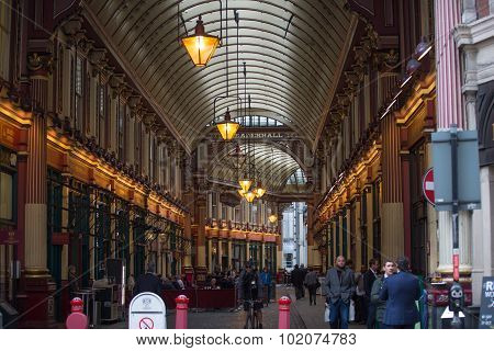 LONDON, UK - SEPTEMBER 19, 2015: Leadenhall Market in the City of London at Lime Street Passage