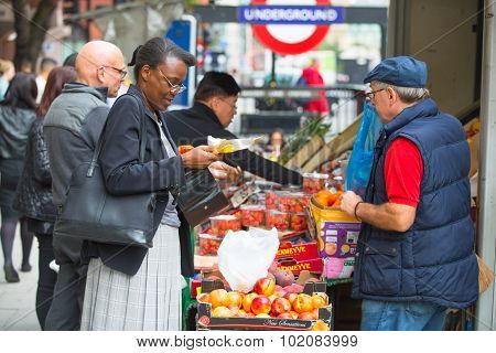 LONDON, UK - SEPTEMBER 17, 2015: Vegetables and fruit's stall near the Holborn tube station in Londo